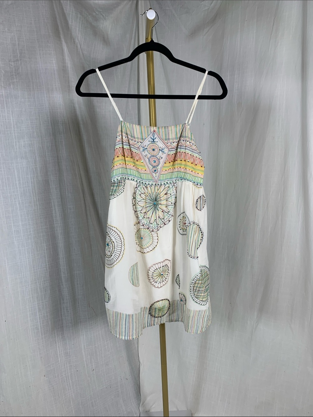 Aryeh boho White 💯 Silk/Cotton Spaghetti-Strap Sundress, Pastel Mandala Print